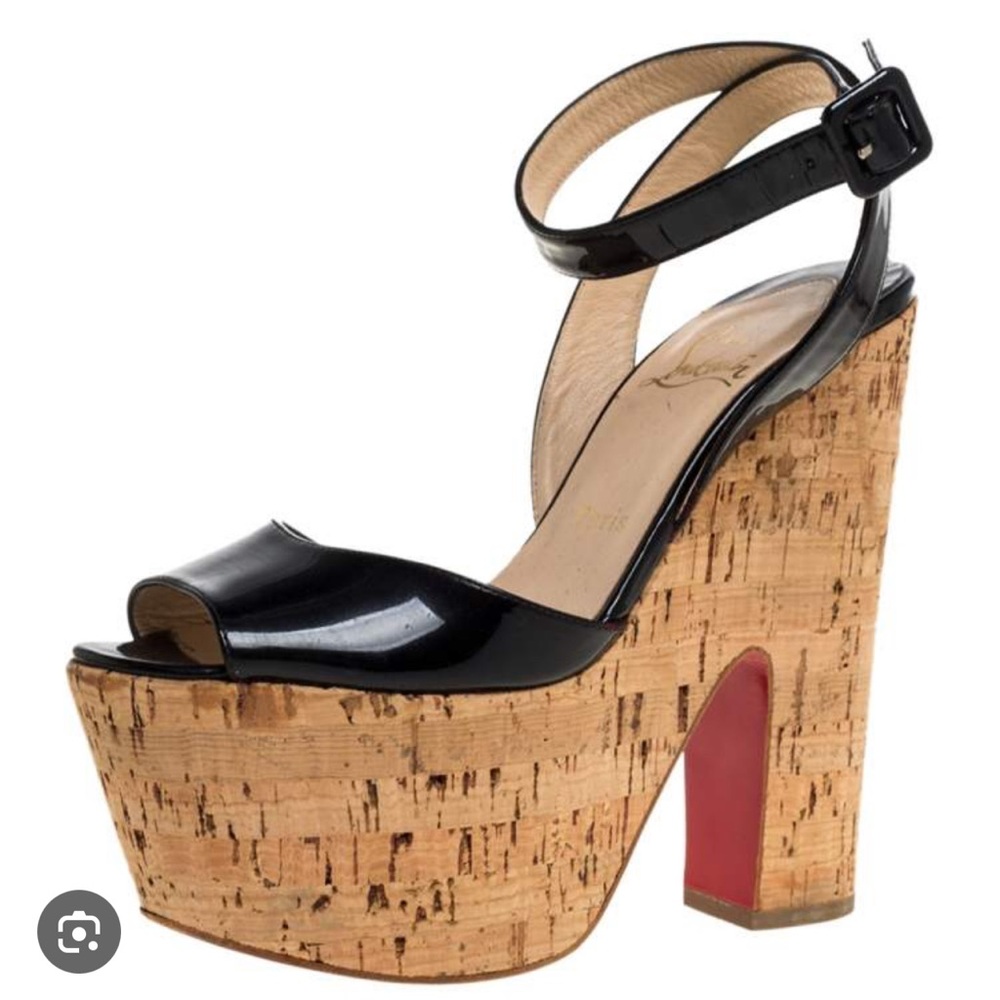 Christian Louboutin Super Dombasle 160 Black Patent w Cork Platform Sandals 38